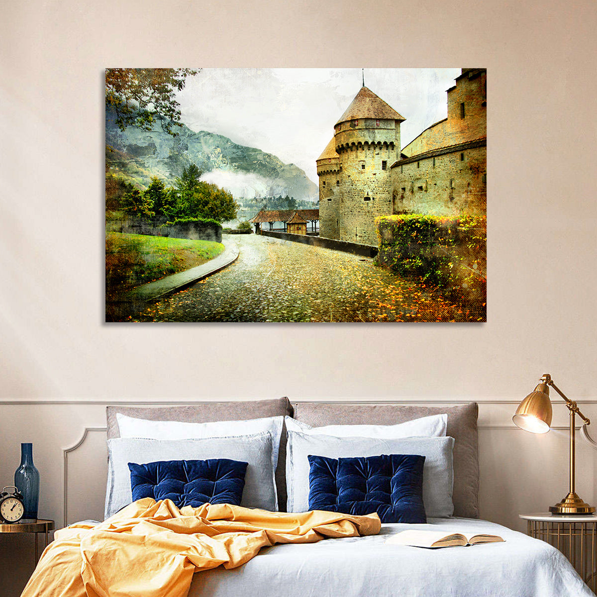 Autumn Approach to Chillon Castle Wall Art in a room, landscape