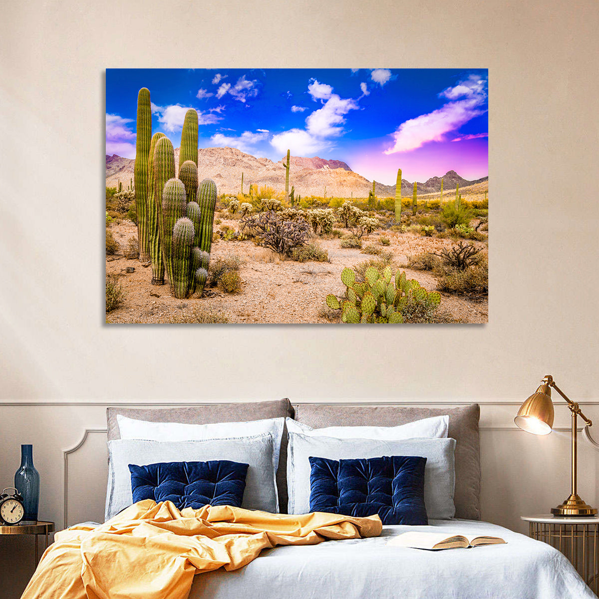 Arizona Saguaro Sunset Wall Art in a room, landscape