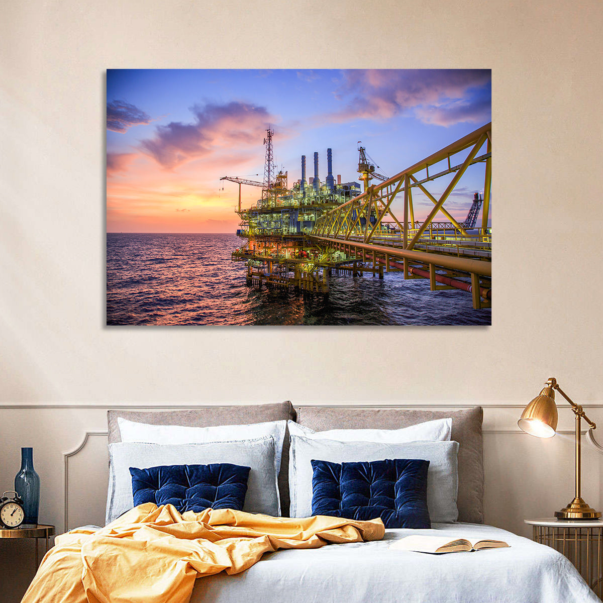 Golden Hour Offshore Oil Rig Wall Art in a room, landscape