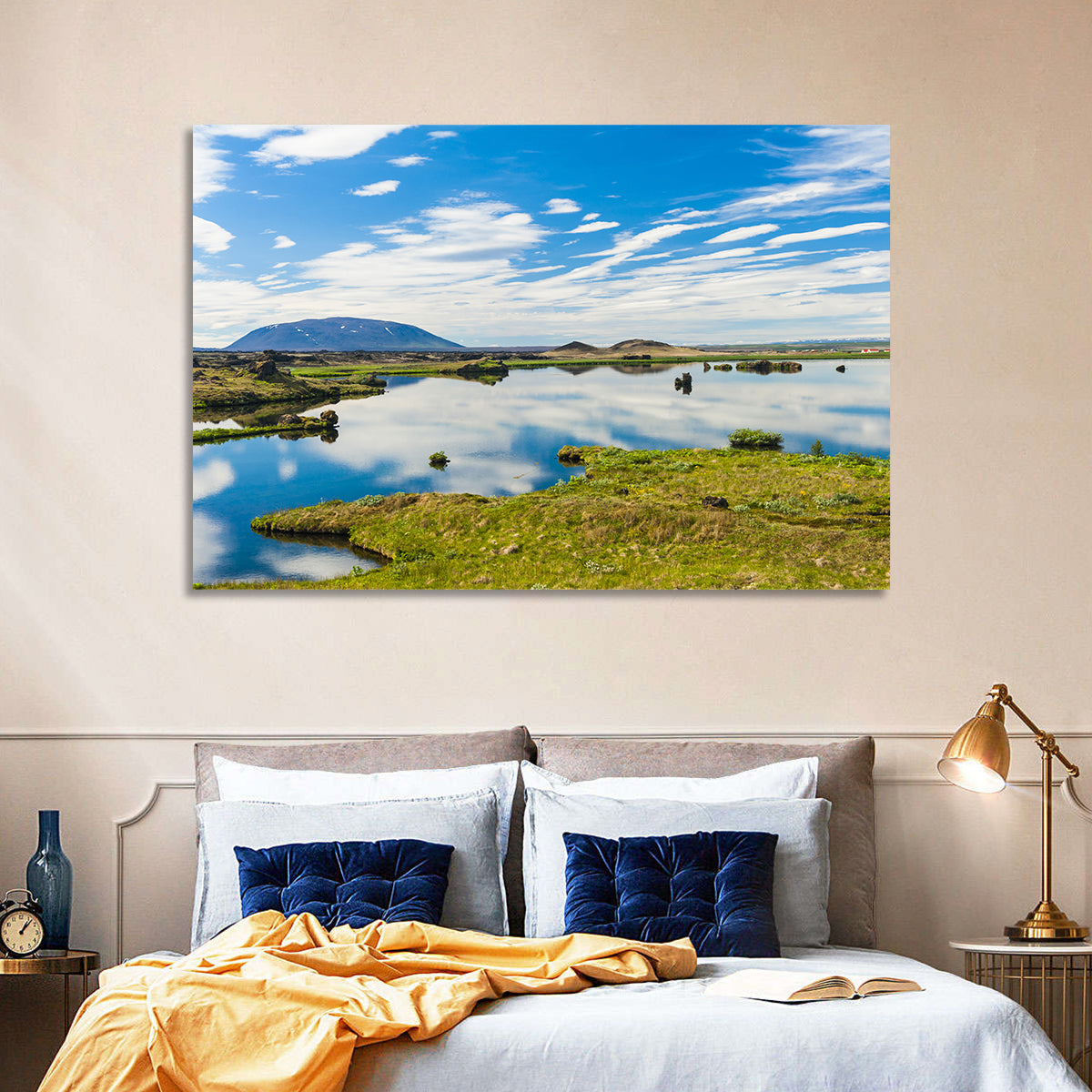 Lake Myvatn Reflection Wall Art in a room, landscape