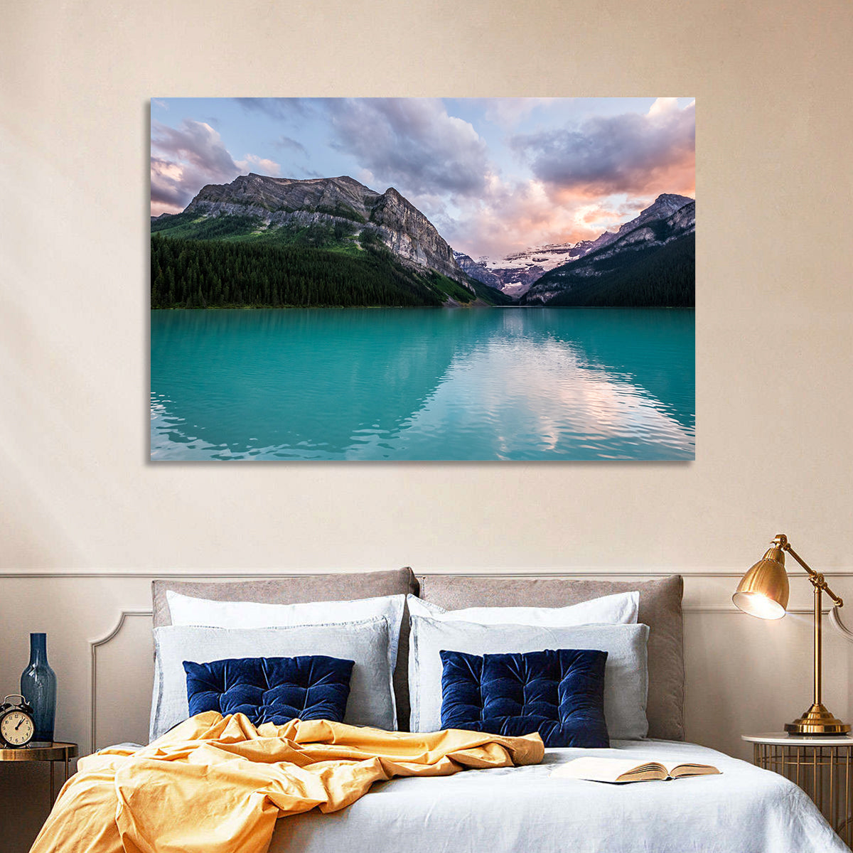 Turquoise Sunset at Lake Louise Wall Art in a room, landscape