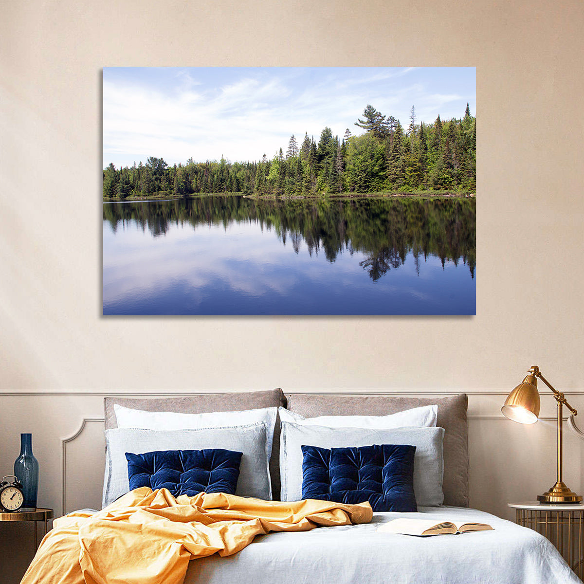 Peck Lake Shoreline Reflection Wall Art in a room, landscape