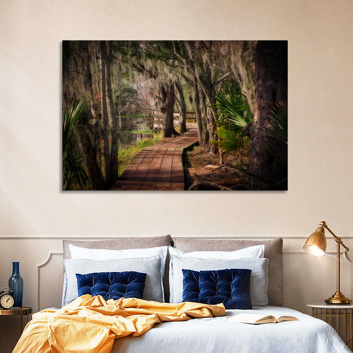 Louisiana Swamp Boardwalk Wall Art in a room, landscape