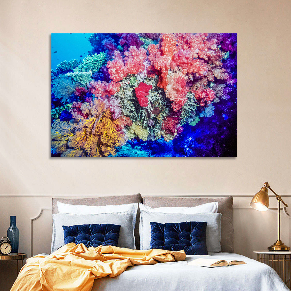 Vibrant Coral Reef Wall Art in a room, landscape