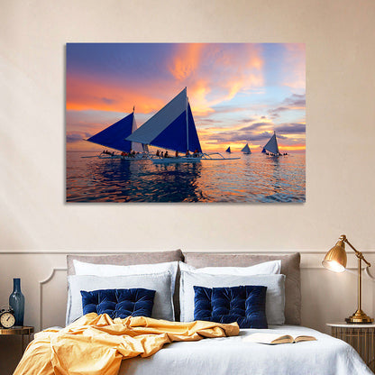 Outrigger Sailboats at Sunset Wall Art