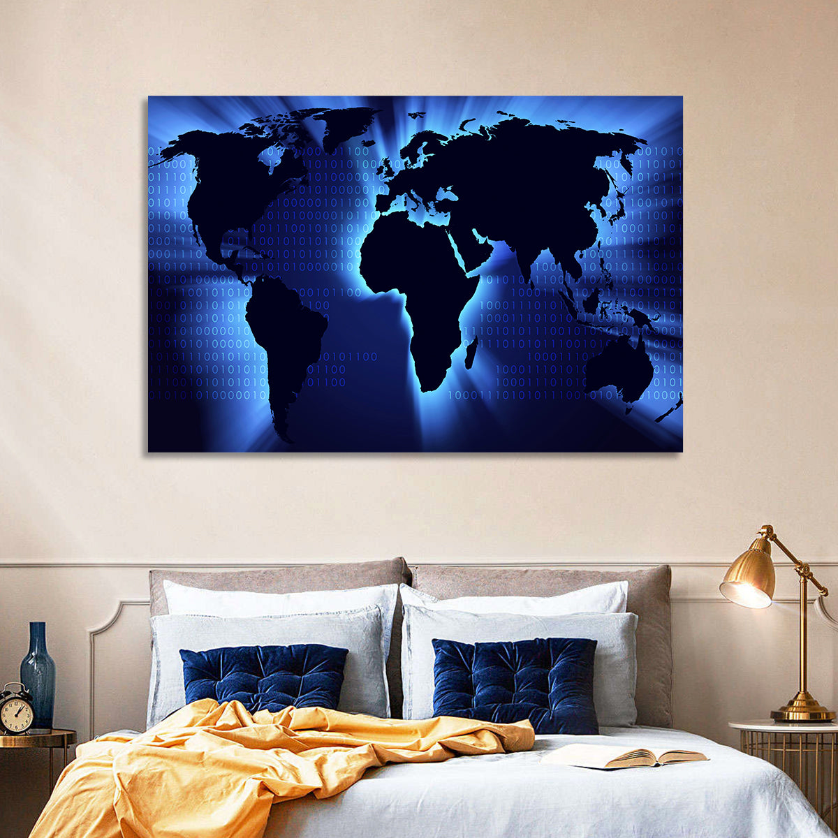 Glowing Digital World Map Wall Art in a room, landscape