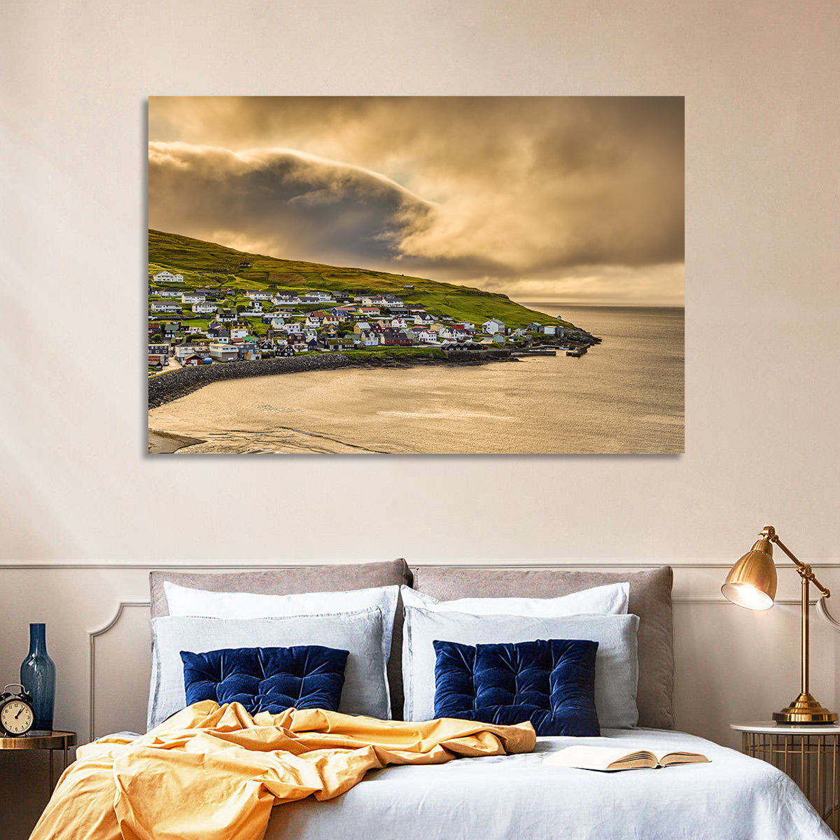 Coastal Village at Golden Hour Wall Art in a room, landscape