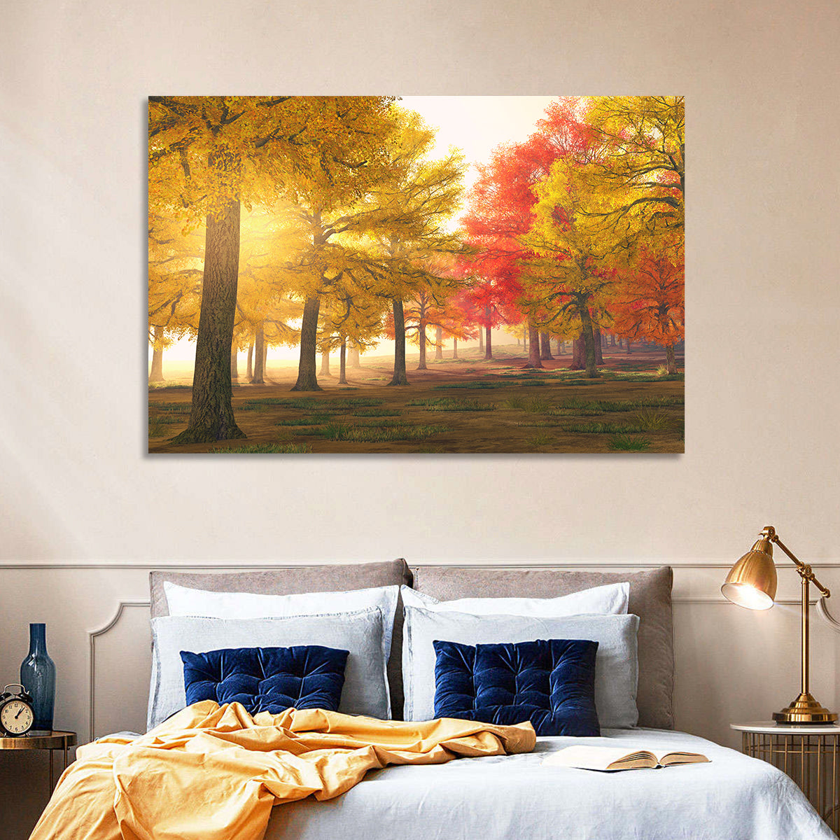 Foggy Autumn Forest Wall Art in a room, landscape