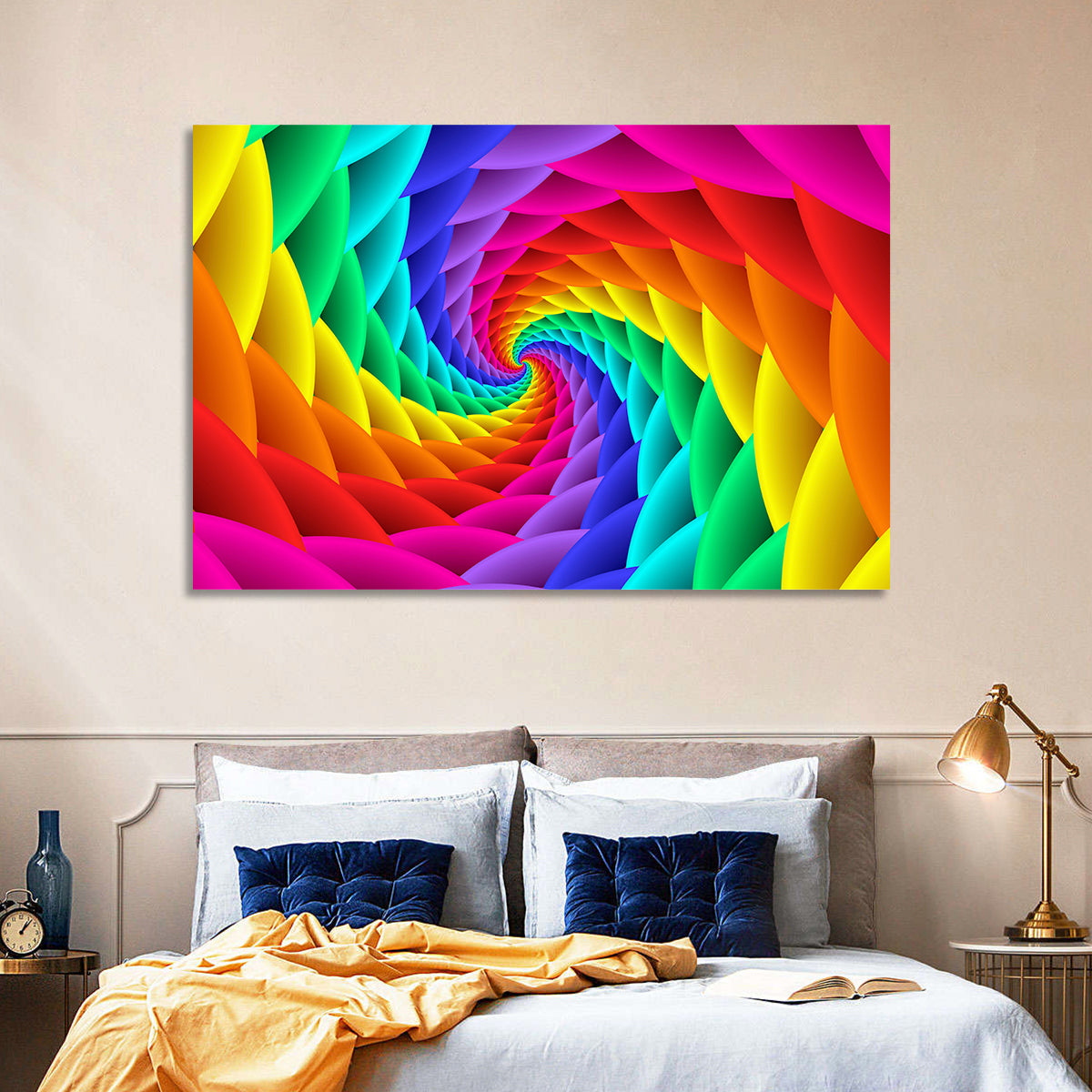 Rainbow Spiral Vortex Tunnel Wall Art in a room, landscape