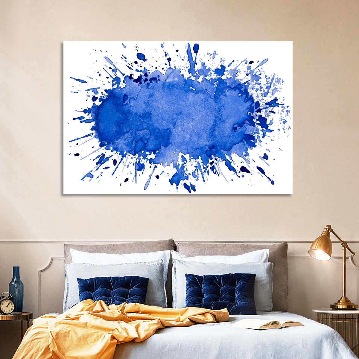 Blue Ink Splash Wall Art in a room, landscape