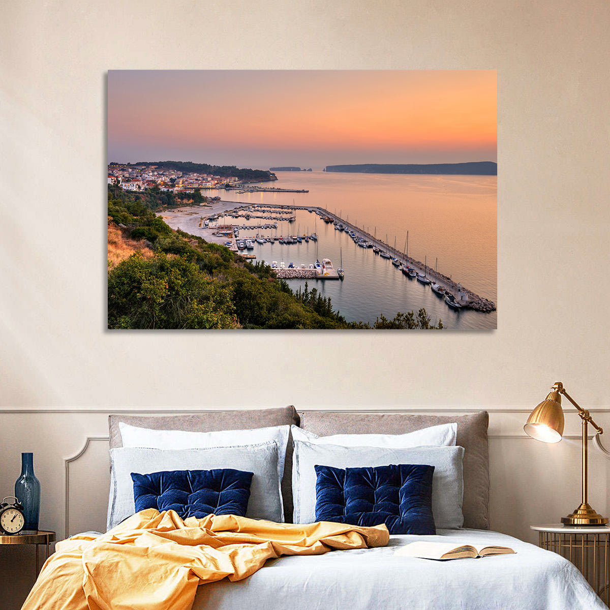Pylos Harbor Lighthouse Sunset Wall Art