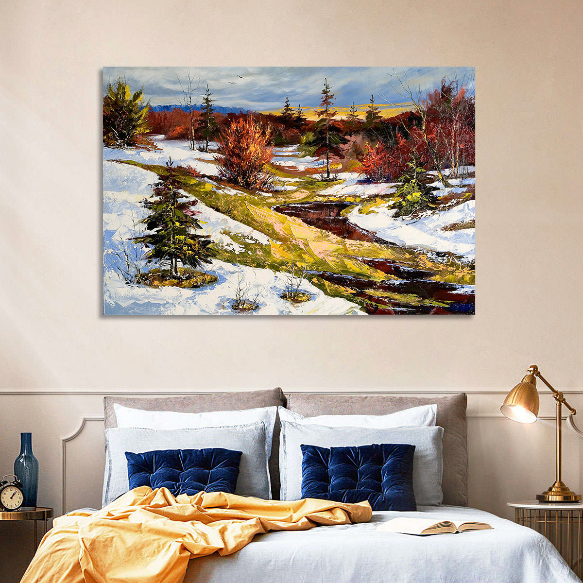 Snowy Stream Through Evergreens Wall Art in a room, landscape