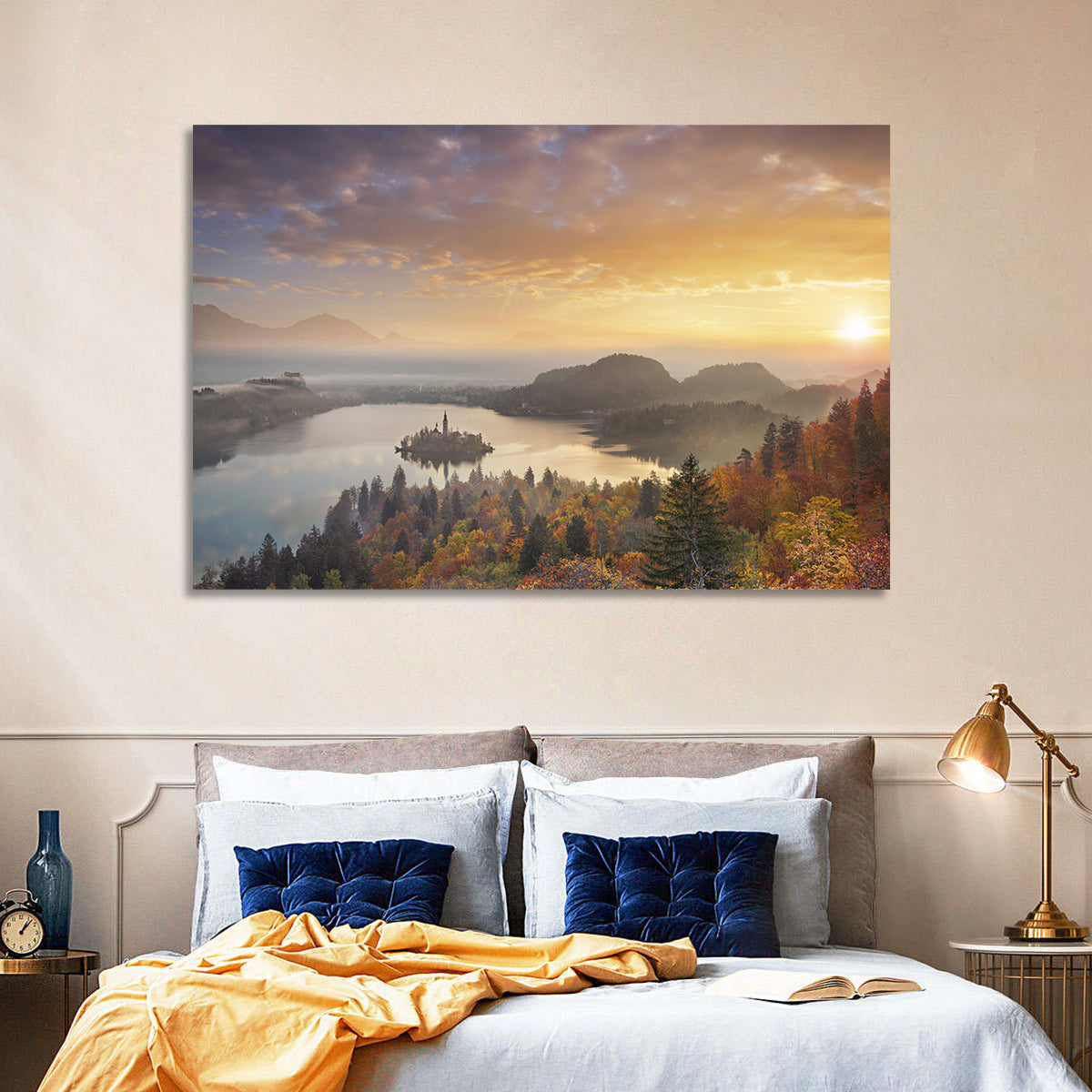 Autumn Morning at Lake Bled Wall Art in a room, landscape