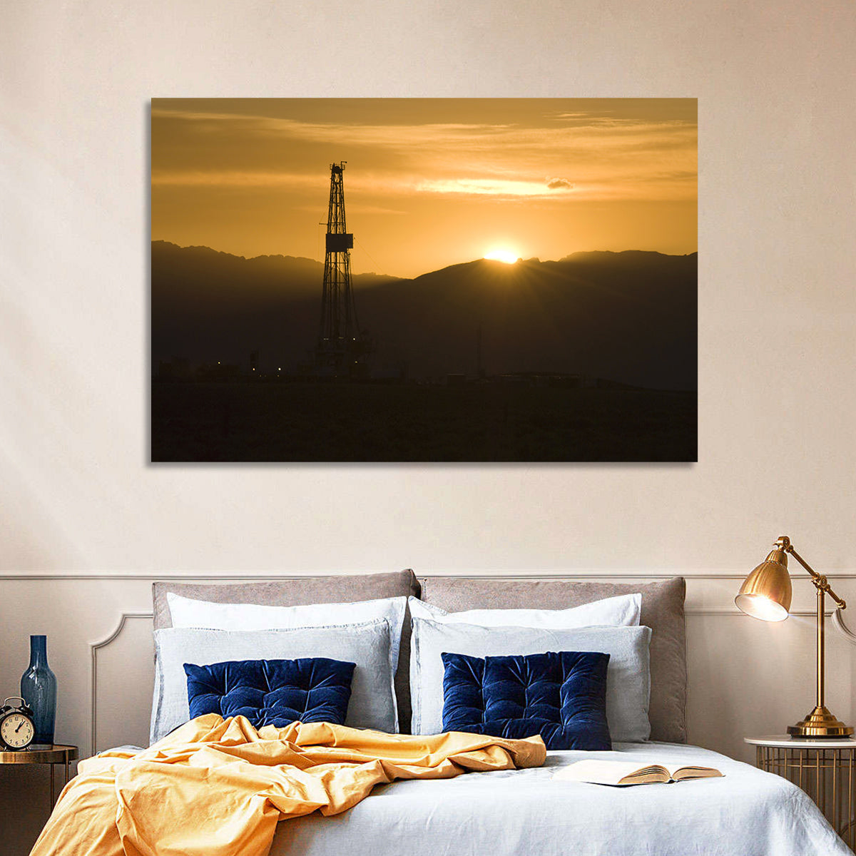Sunrise Over Drilling Rig Wall Art in a room, landscape