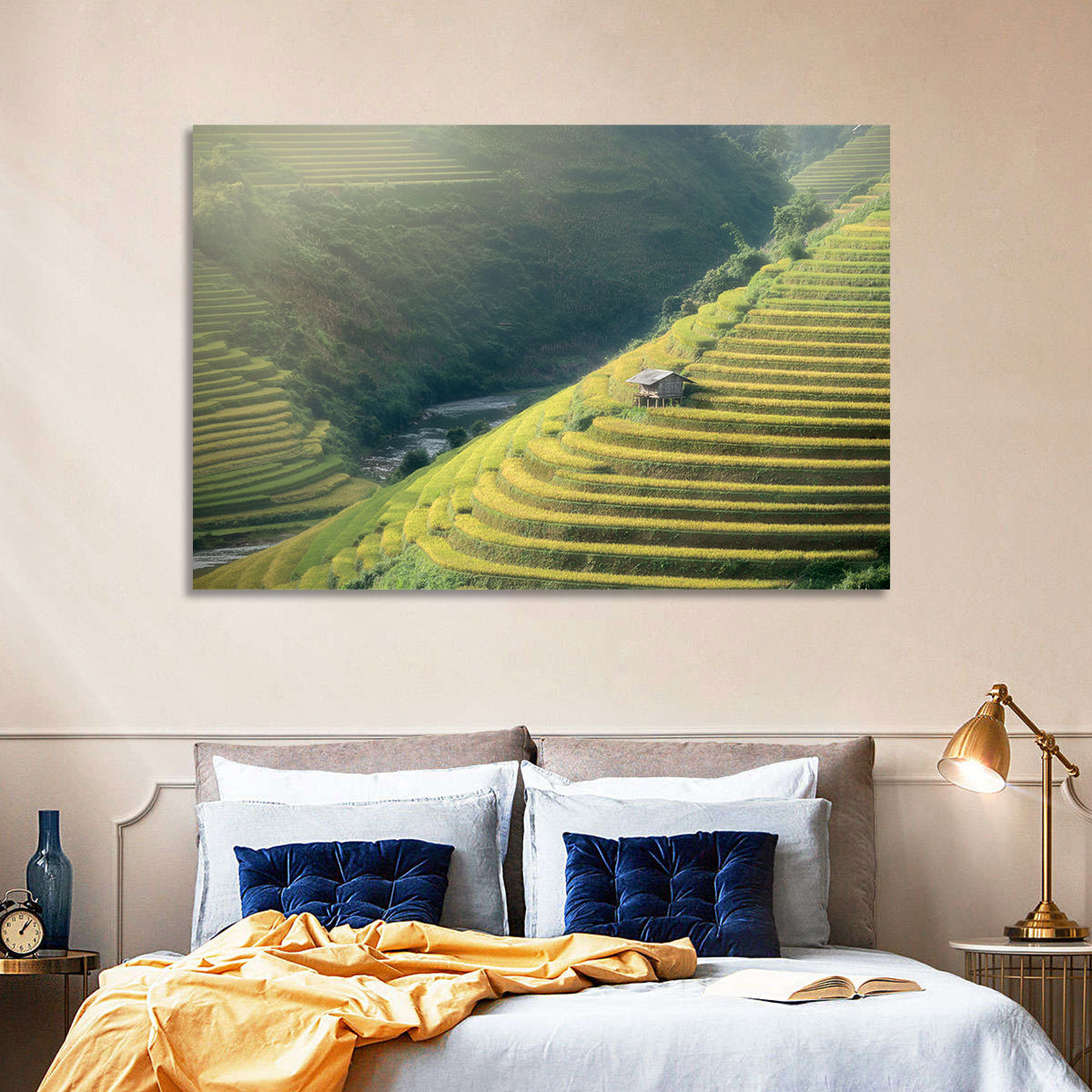 Golden Rice Terraces Wall Art in a room, landscape