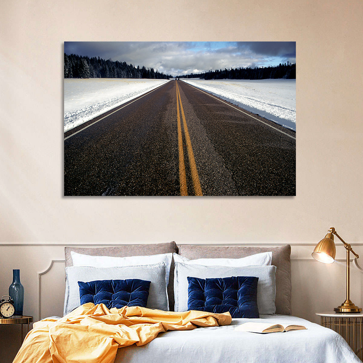 Winter Road Through Pine Forest Wall Art in a room, landscape