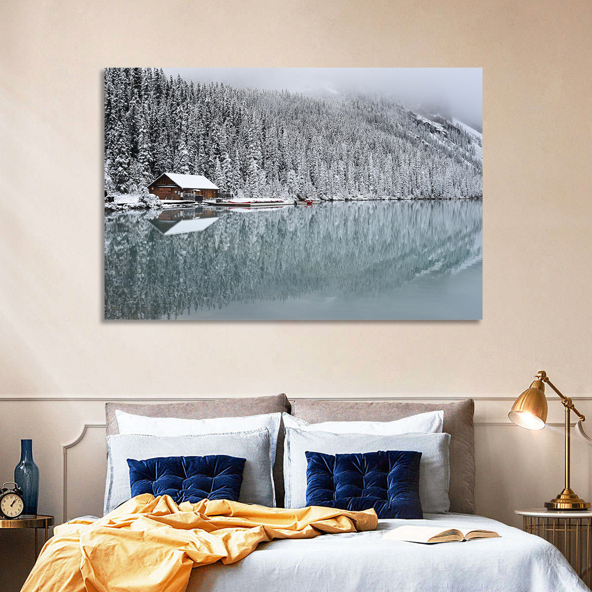 Lake Louise Winter Reflection Wall Art in a room, landscape