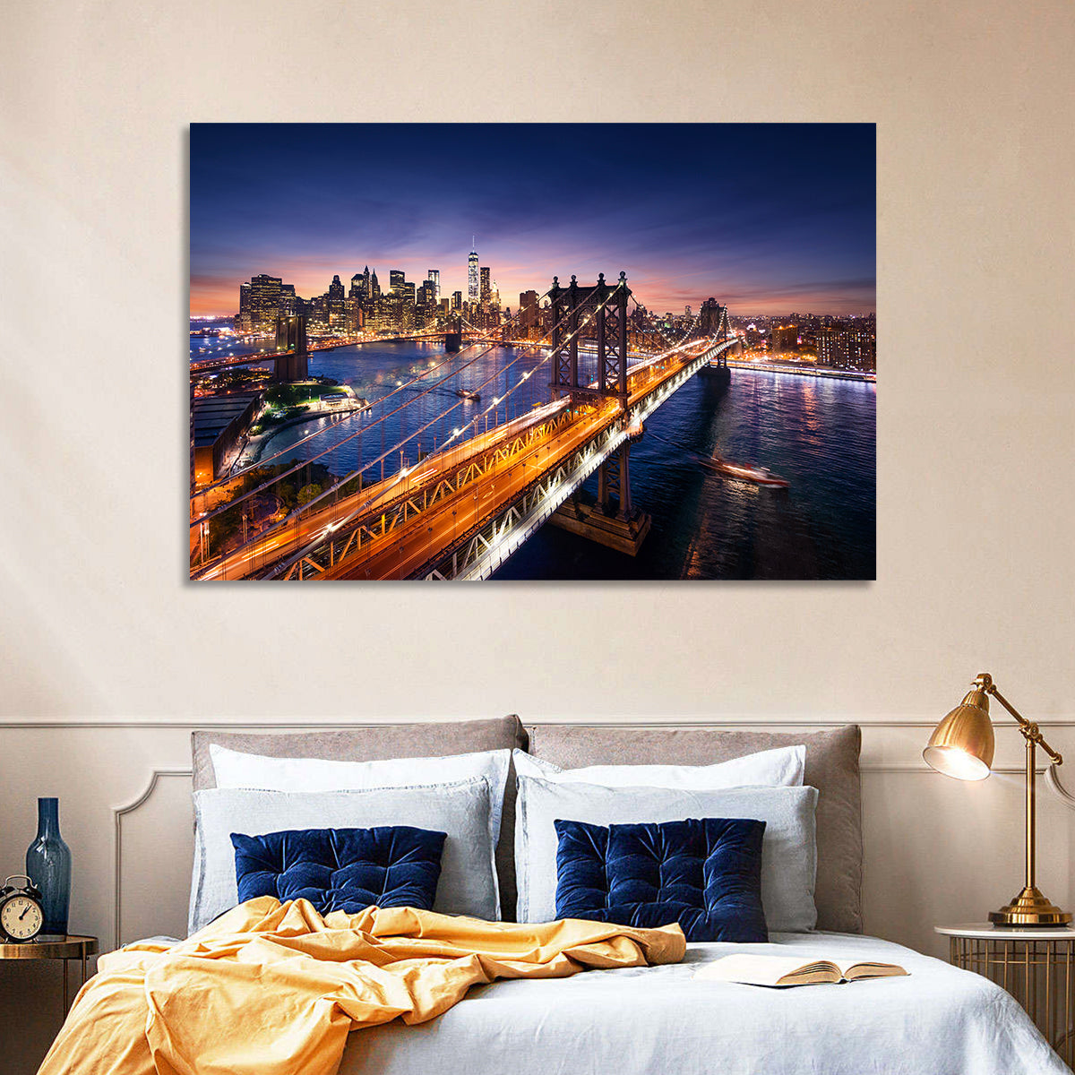 Sunset Over Manhattan Bridges Wall Art in a room, landscape