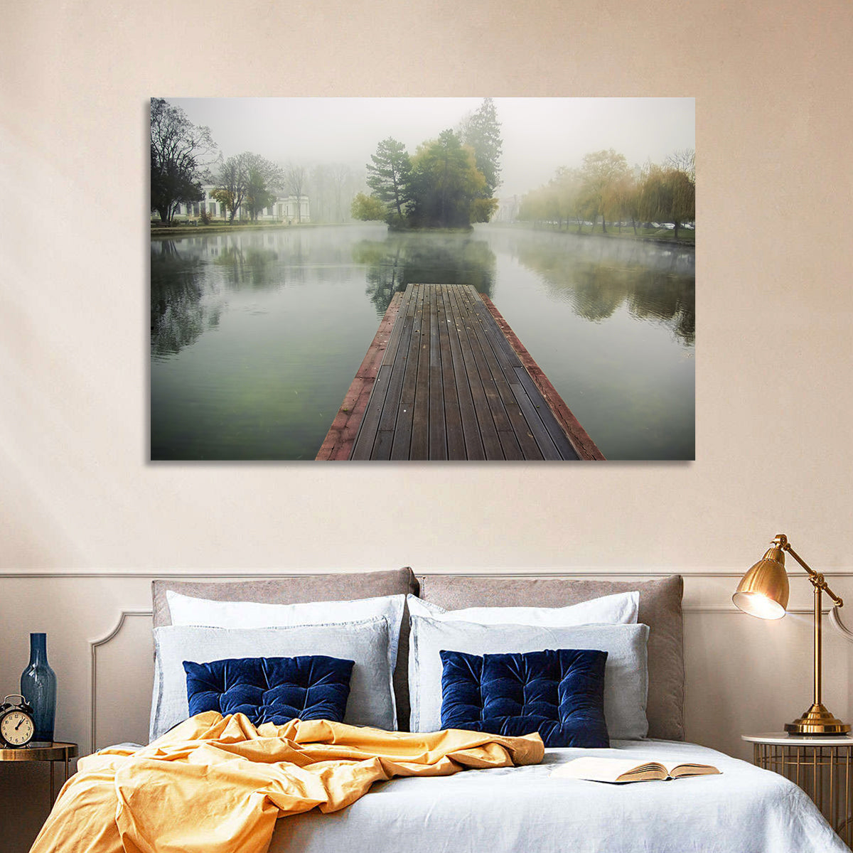 Wooden Pier on Foggy Lake Wall Art in a room, landscape