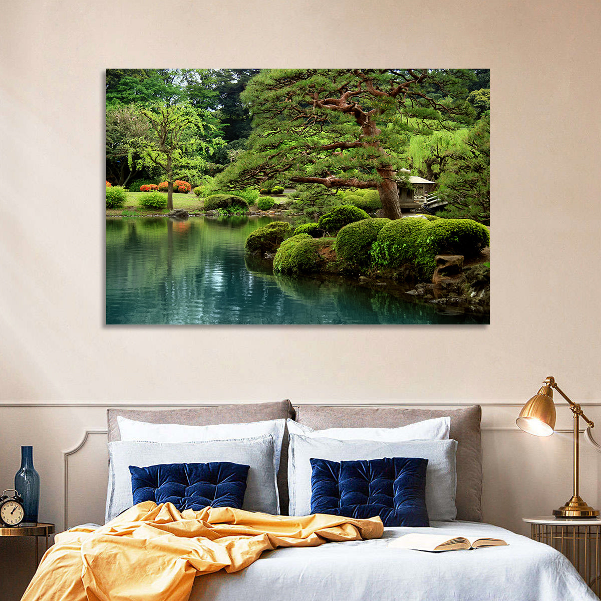 Bonsai Pine Over Tranquil Pond Wall Art in a room, landscape