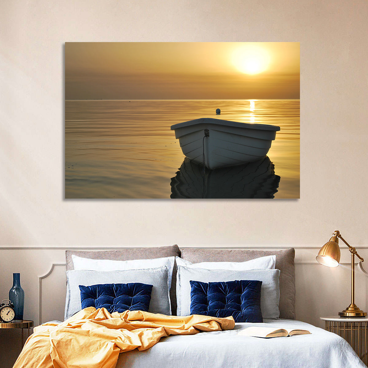 White Rowboat on Golden Sea Wall Art in a room, landscape