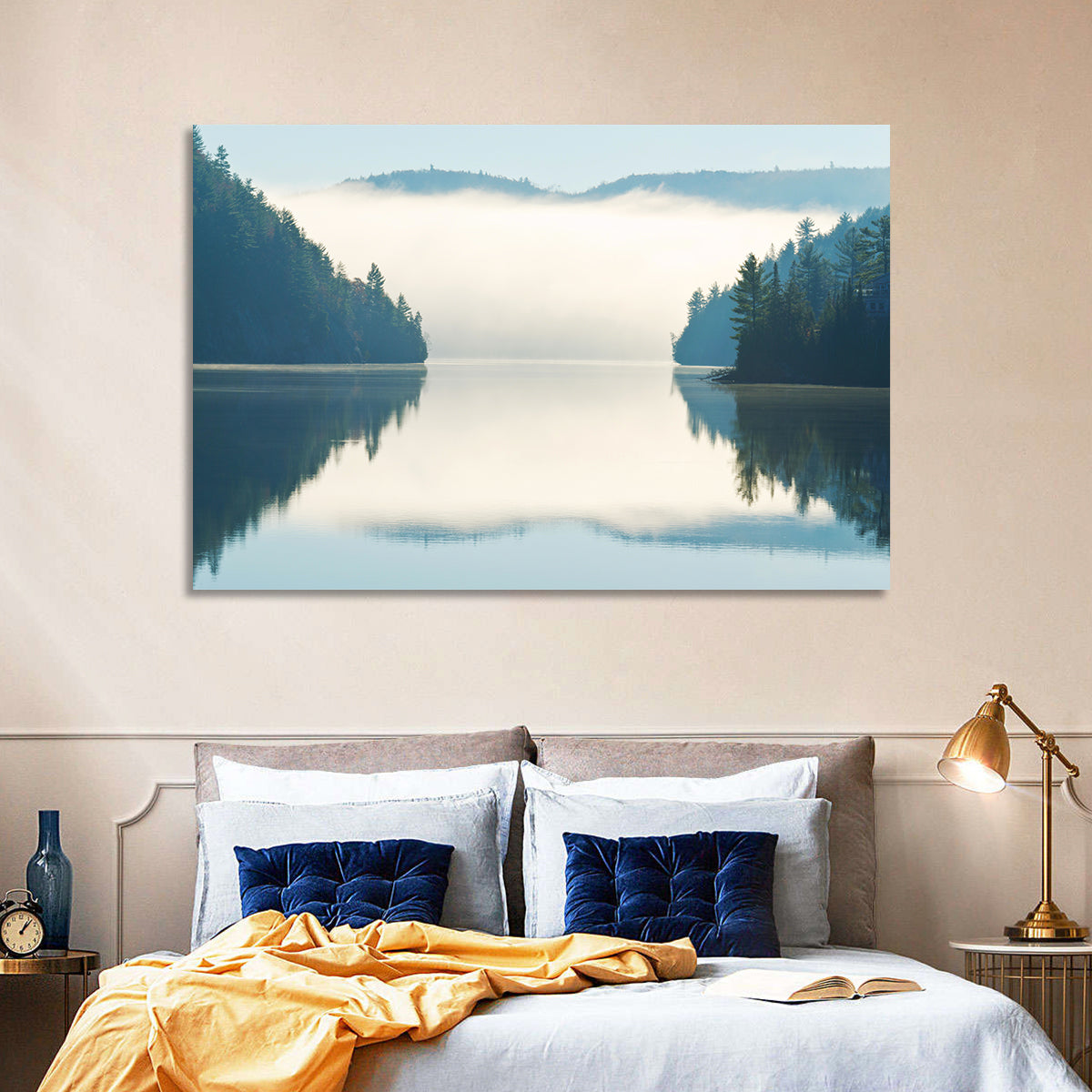 Foggy Lake Morning Wall Art in a room, landscape