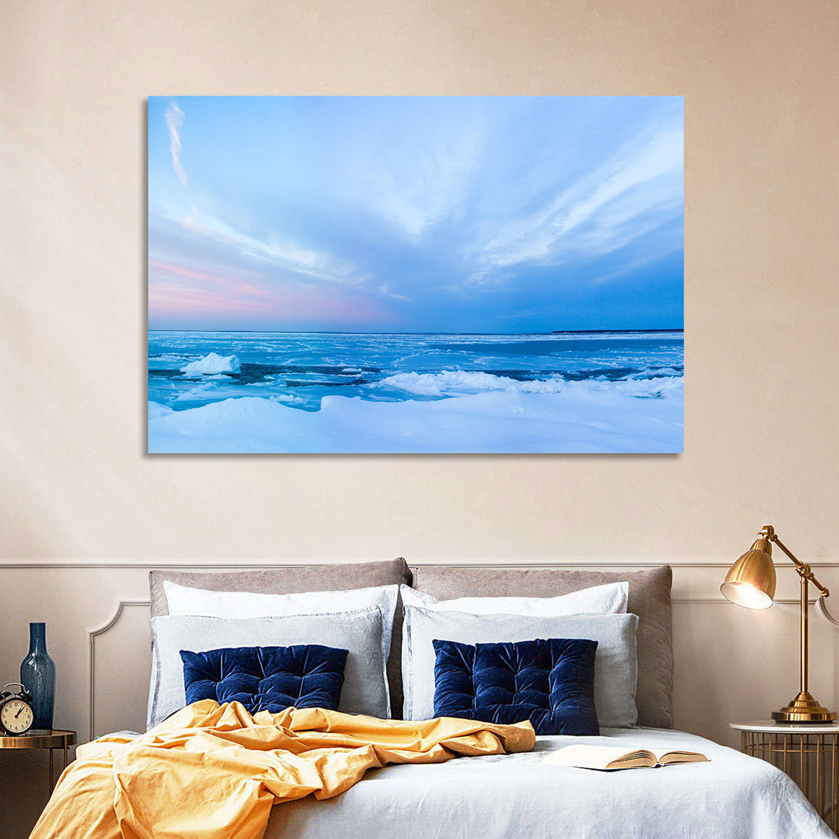 Frozen Blue Seascape Wall Art in a room, landscape