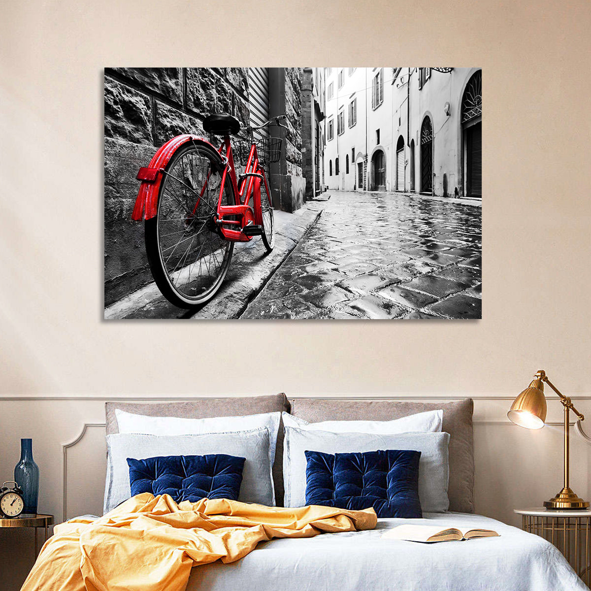 Red Bicycle on Rainy Cobblestone Street Wall Art in a room, landscape