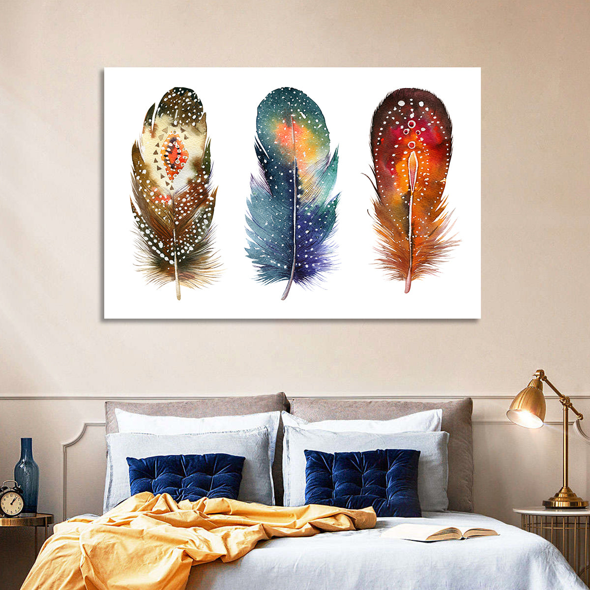 Boho Watercolor Feather Trio Wall Art in a room, landscape