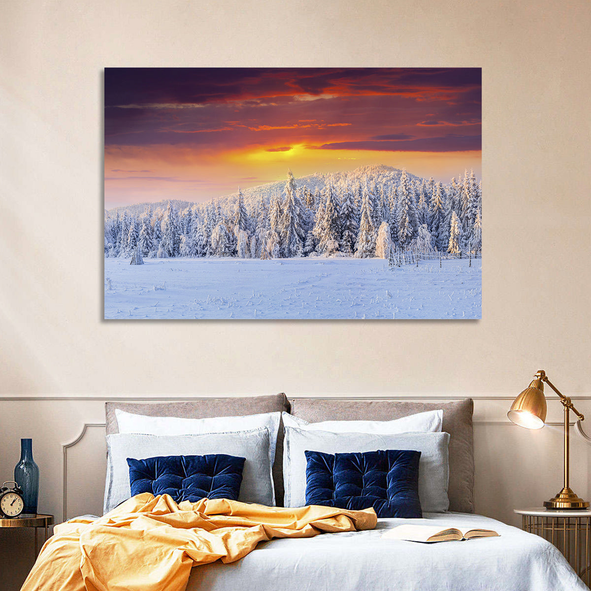 Snowy Forest Sunset Wall Art in a room, landscape