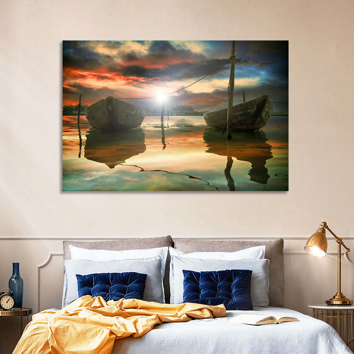 Two Wooden Boats at Sunset Wall Art in a room, landscape