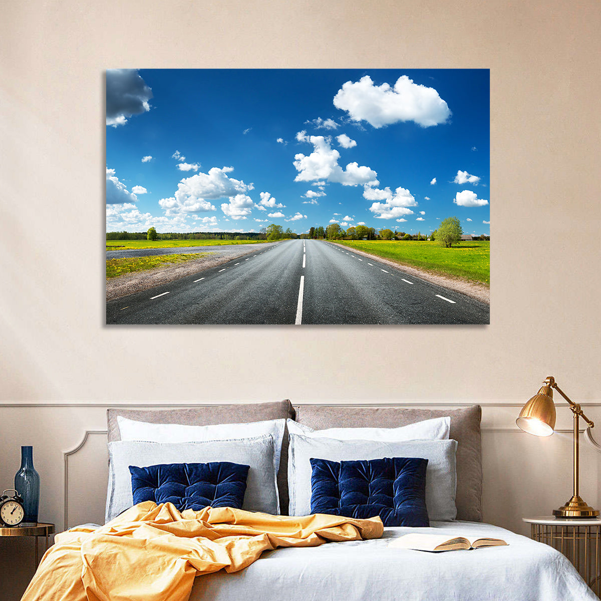 Asphalt Road Through Meadow Wall Art in a room, landscape