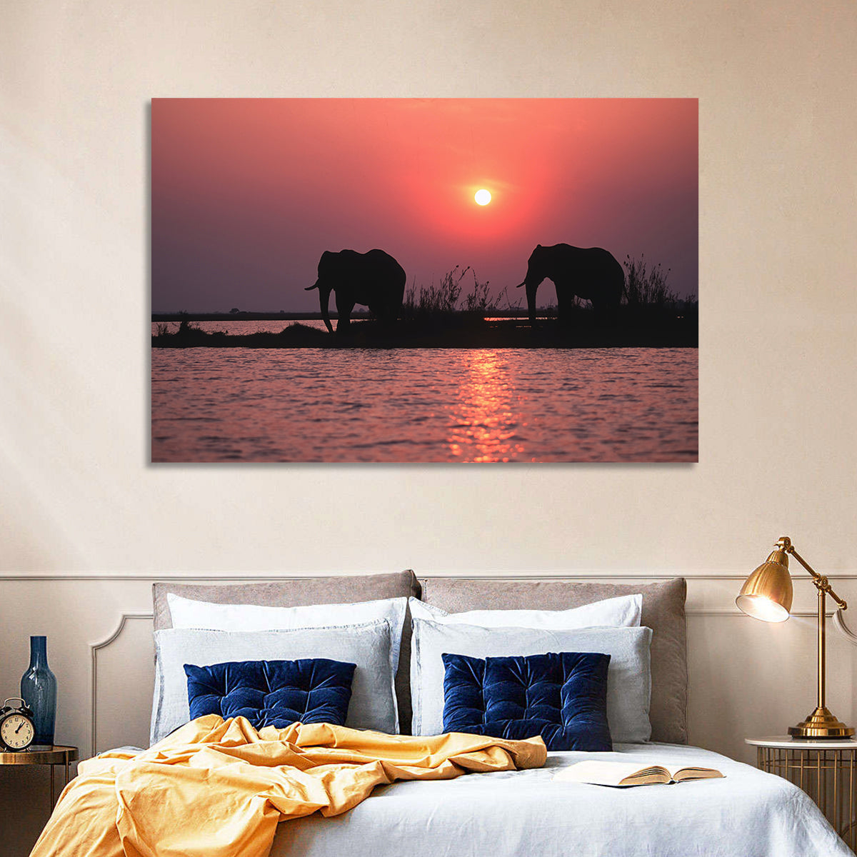 Elephants at Sunset Silhouette Wall Art in a room, landscape