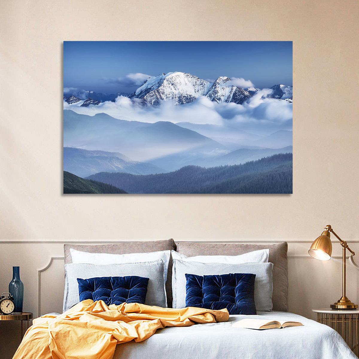 Snow-capped Peaks in Clouds Wall Art in a room, landscape
