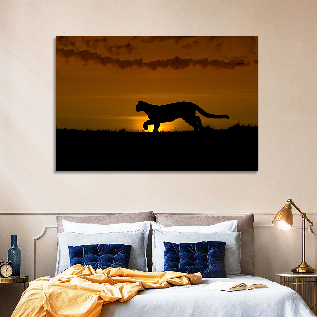 Cougar Silhouette at Sunset Wall Art in a room, landscape