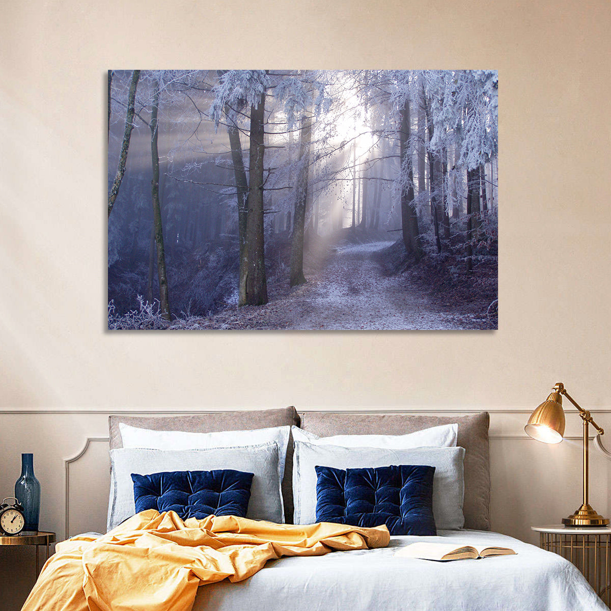 Frosted Forest Path at Dawn Wall Art in a room, landscape