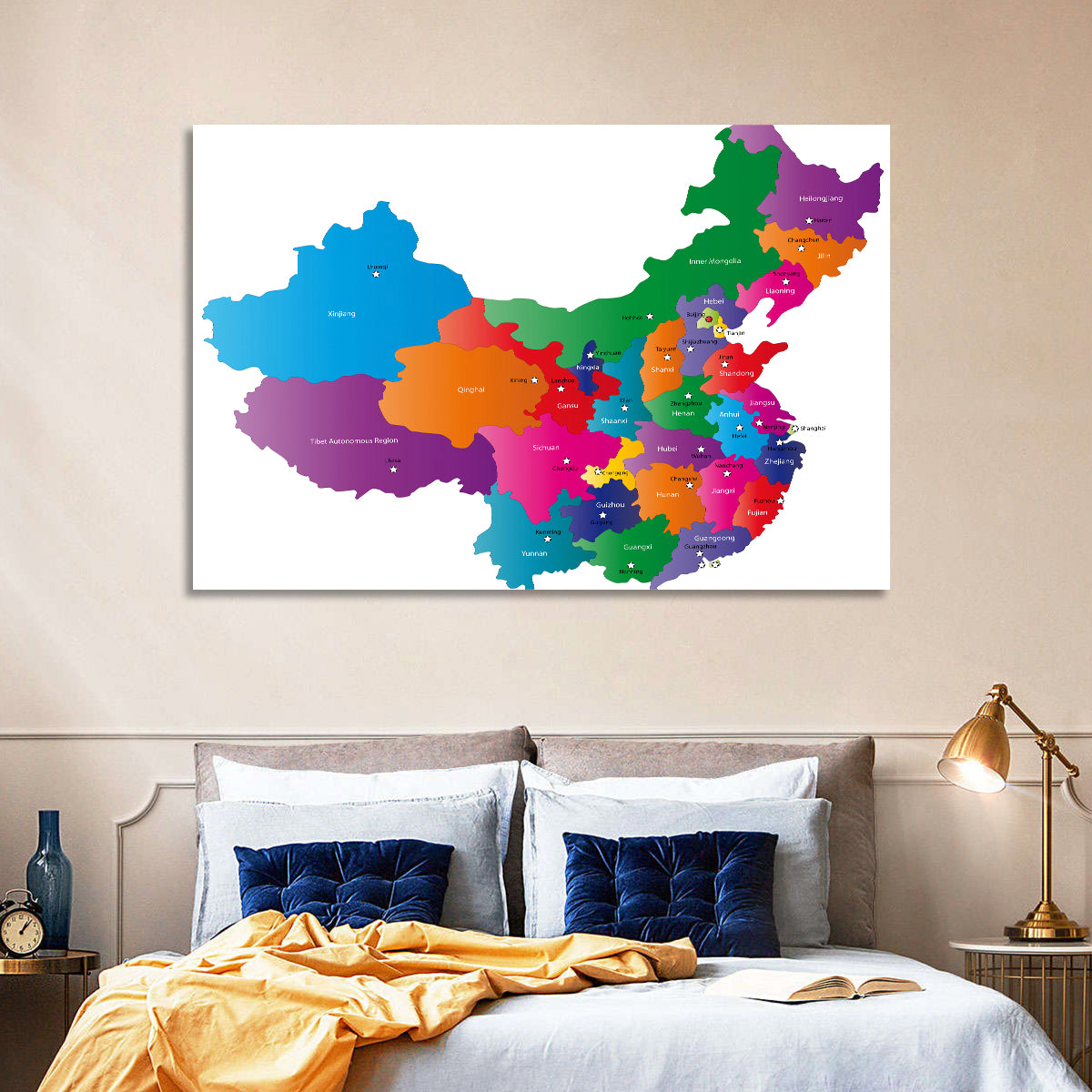 Colorful China Provinces Map Wall Art in a room, landscape