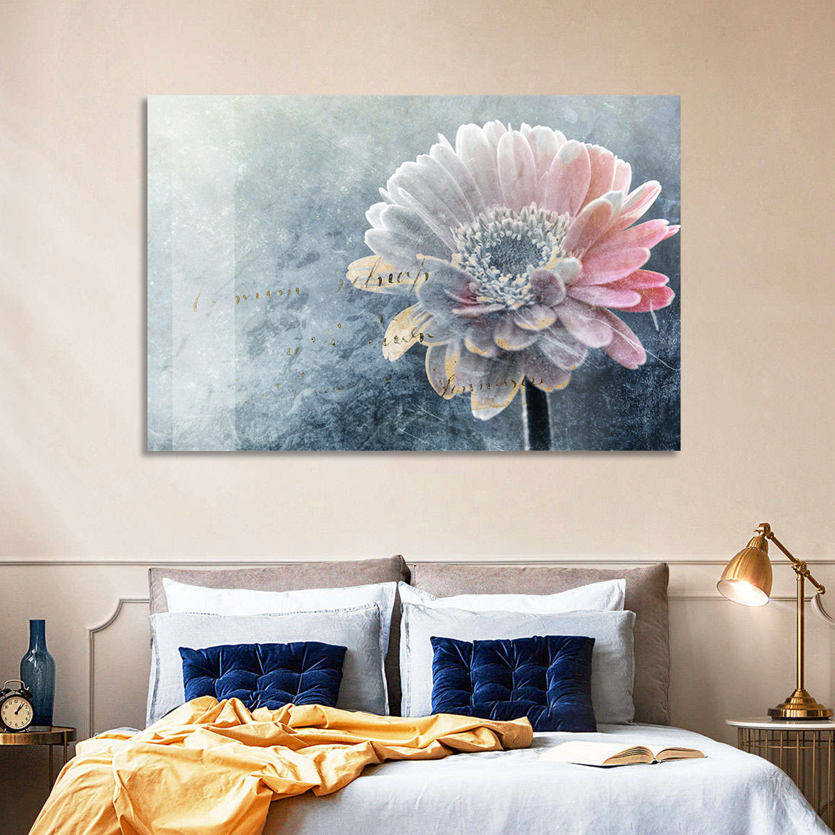 Winter Gerbera with Golden Script Wall Art in a room, landscape