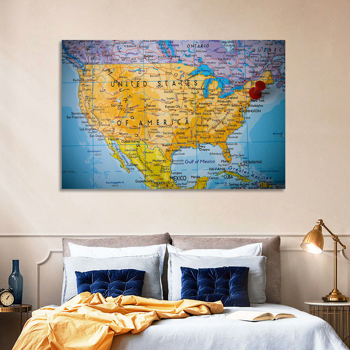 Vintage USA Map with Northeastern Pushpin Wall Art in a room, landscape