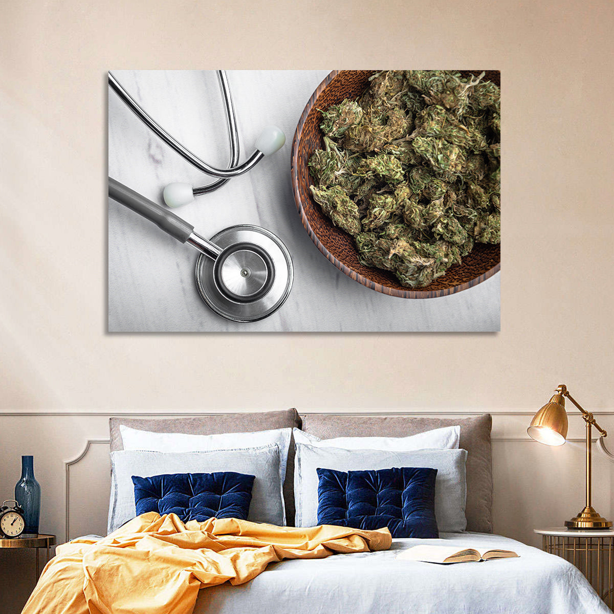 Stethoscope and Medical Cannabis Still Life Wall Art in a room, landscape