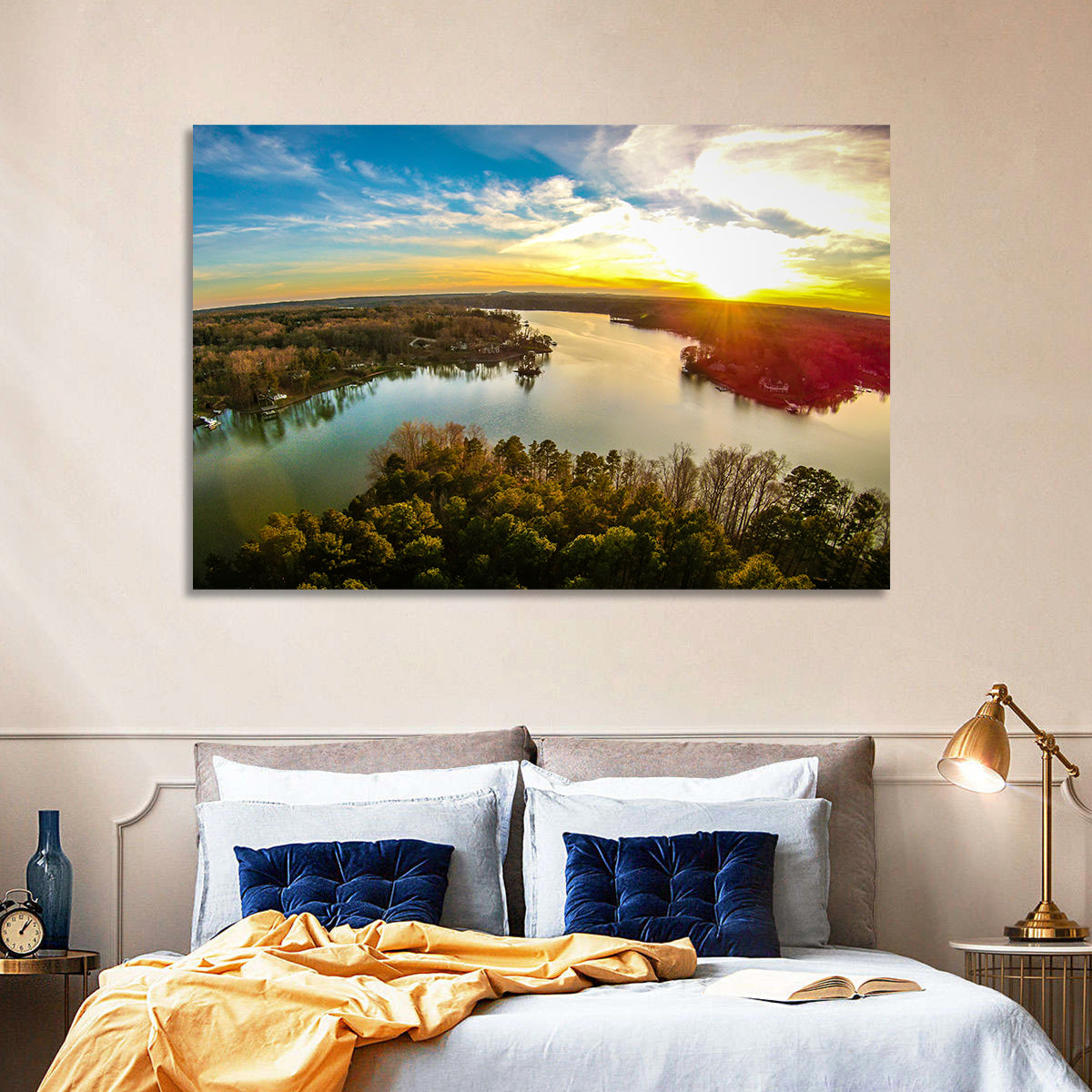Lake Wylie Golden Sunset Wall Art in a room, landscape