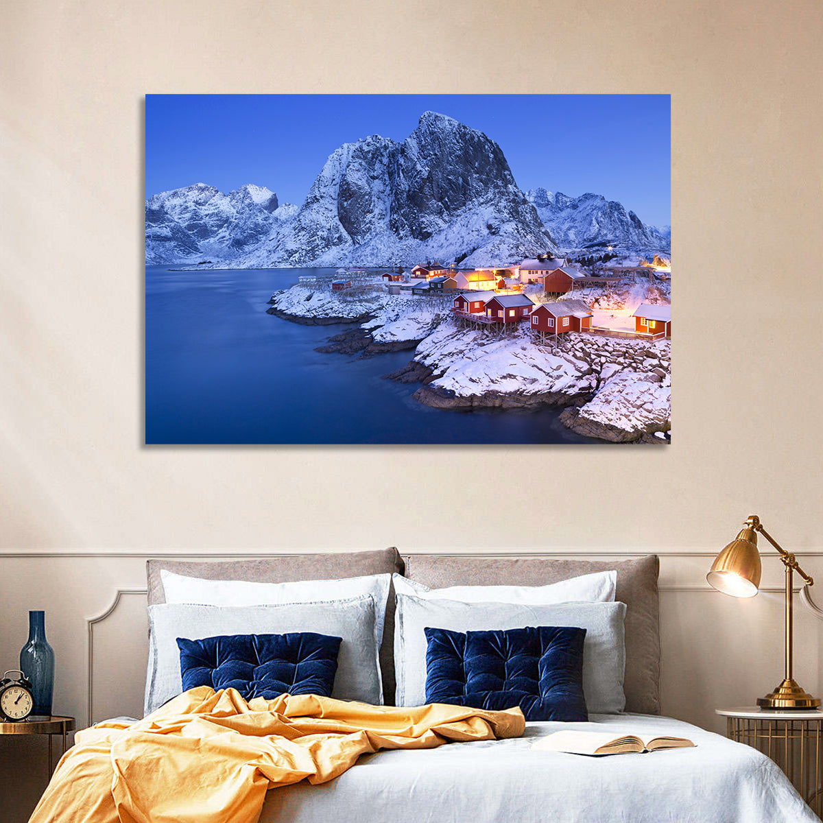 Hamnøy Red Cabins at Winter Dusk Wall Art