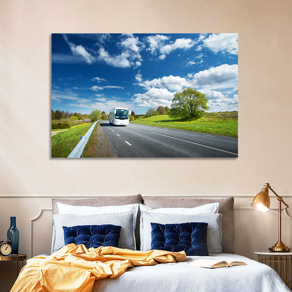 White Bus on Meadow Road Wall Art in a room, landscape