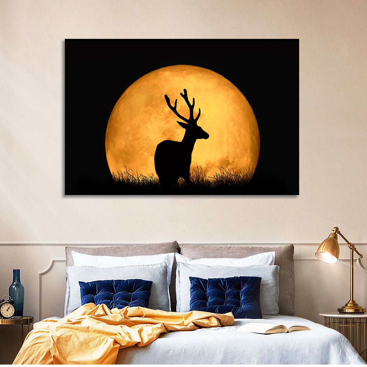 Buck Silhouette Under Red Moon Wall Art in a room, landscape
