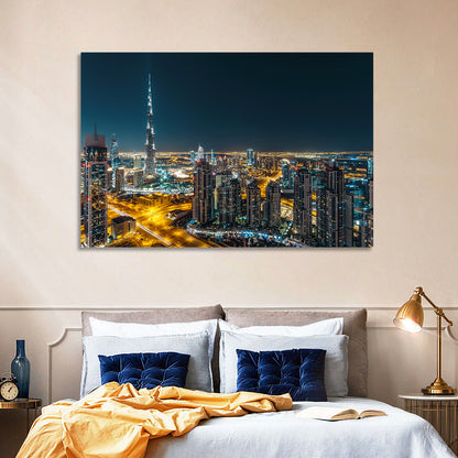 Dubai Night Skyline with Burj Khalifa Wall Art