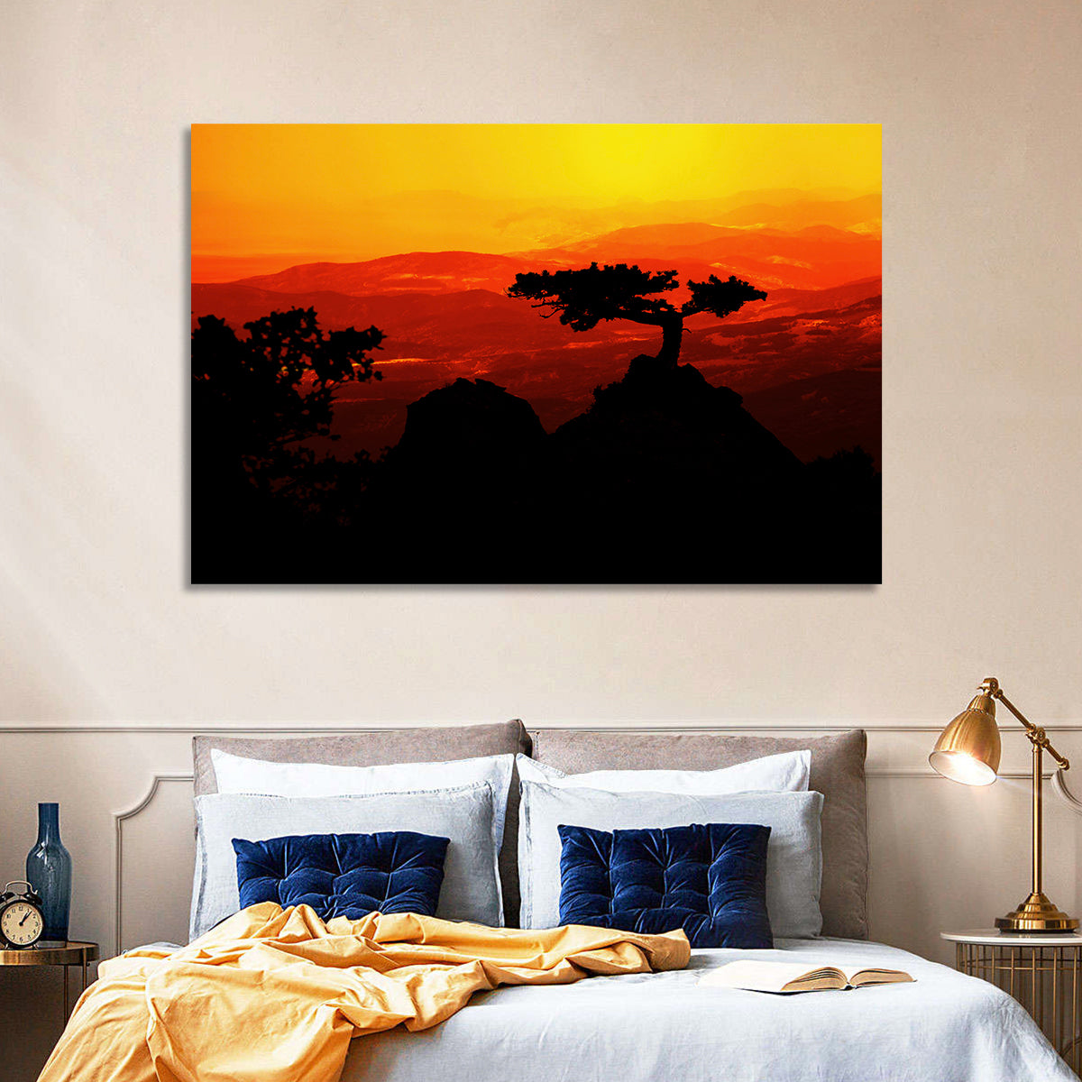 Gnarled Tree at African Sunset Wall Art in a room, landscape