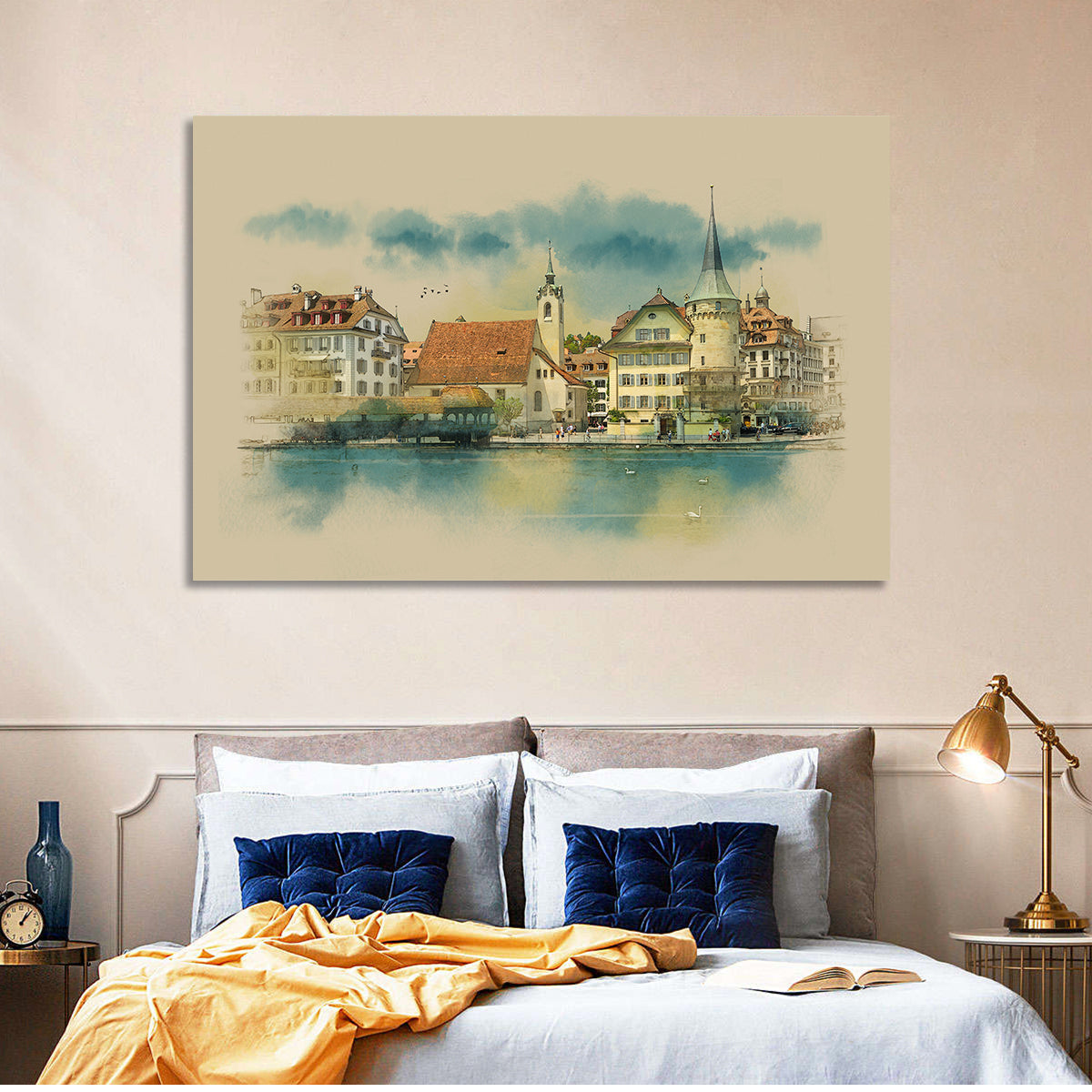 Lucerne Waterfront Sketch Wall Art in a room, landscape