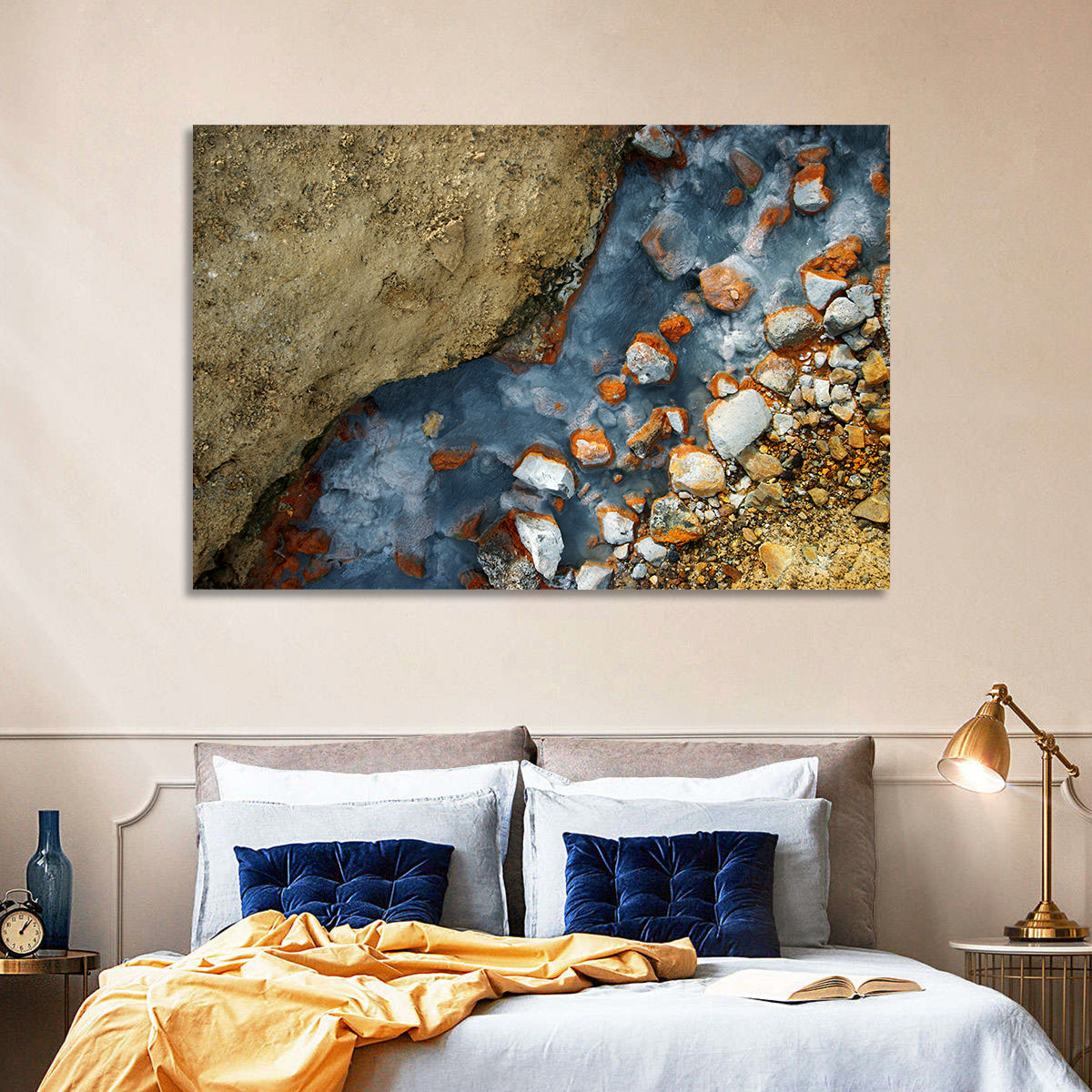 Milky Blue Geothermal Creek Wall Art in a room, landscape