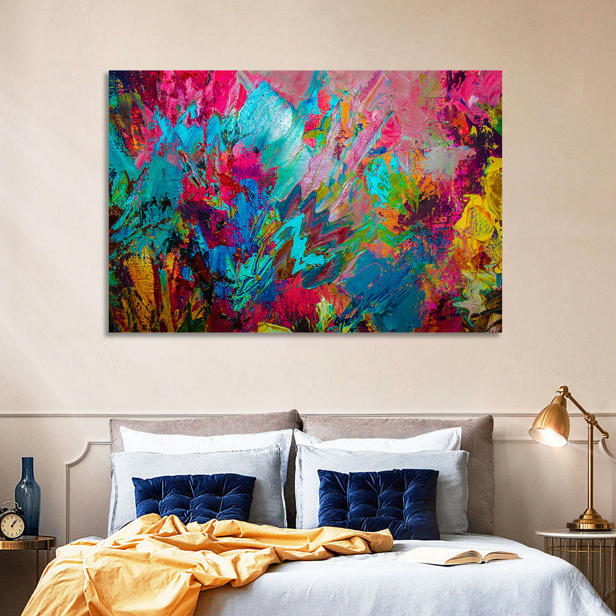 Vibrant Impasto Color Burst Abstract Wall Art in a room, landscape