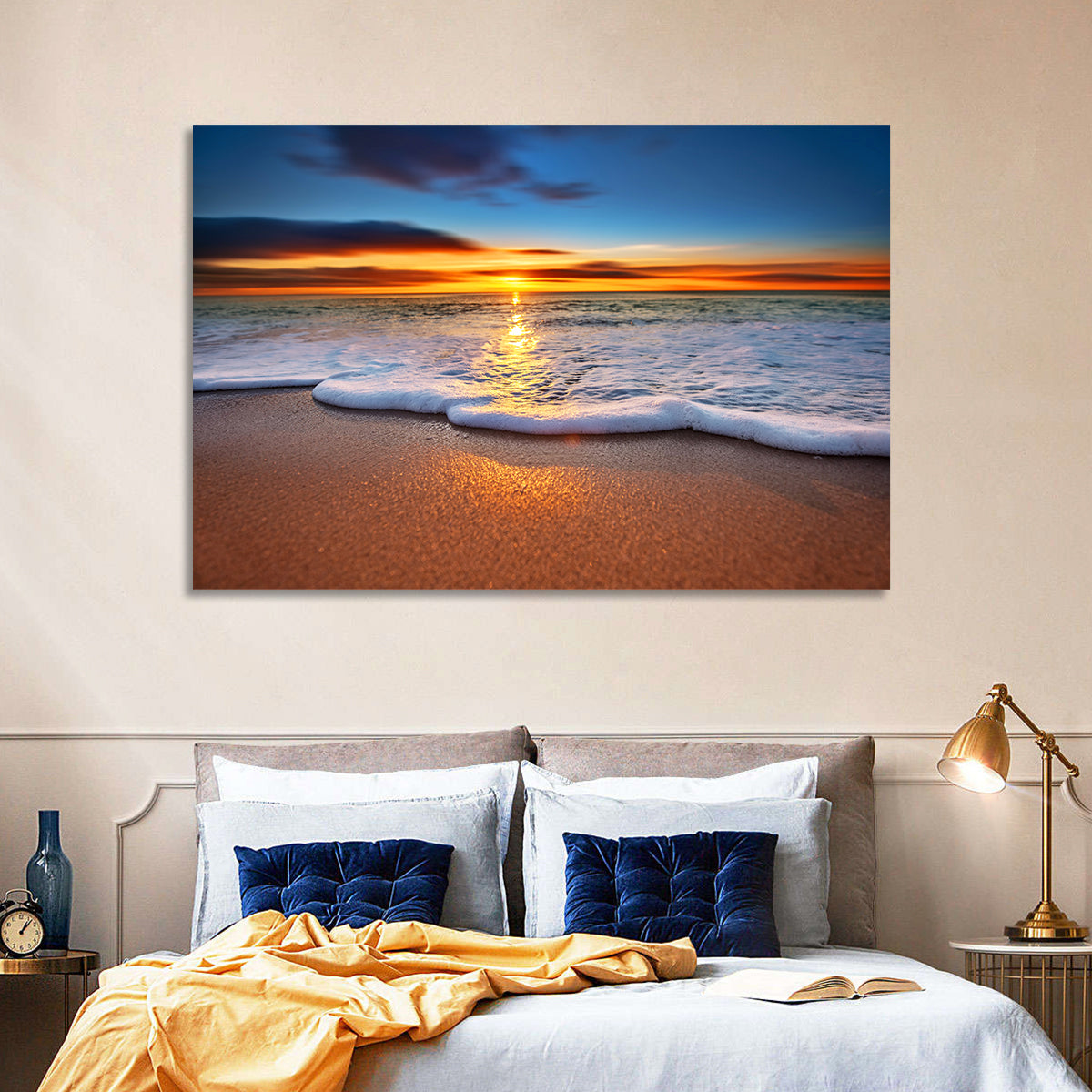 Sun Flare Beach Sunrise Wall Art in a room, landscape